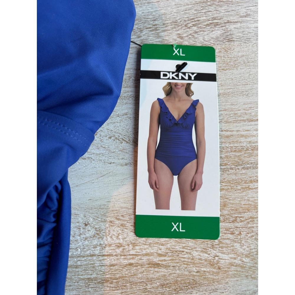 DKNY Size XL Womens Blue Ruched Ruffle V-Neck One Piece Swimsuit 1943727 - Picture 4 of 5